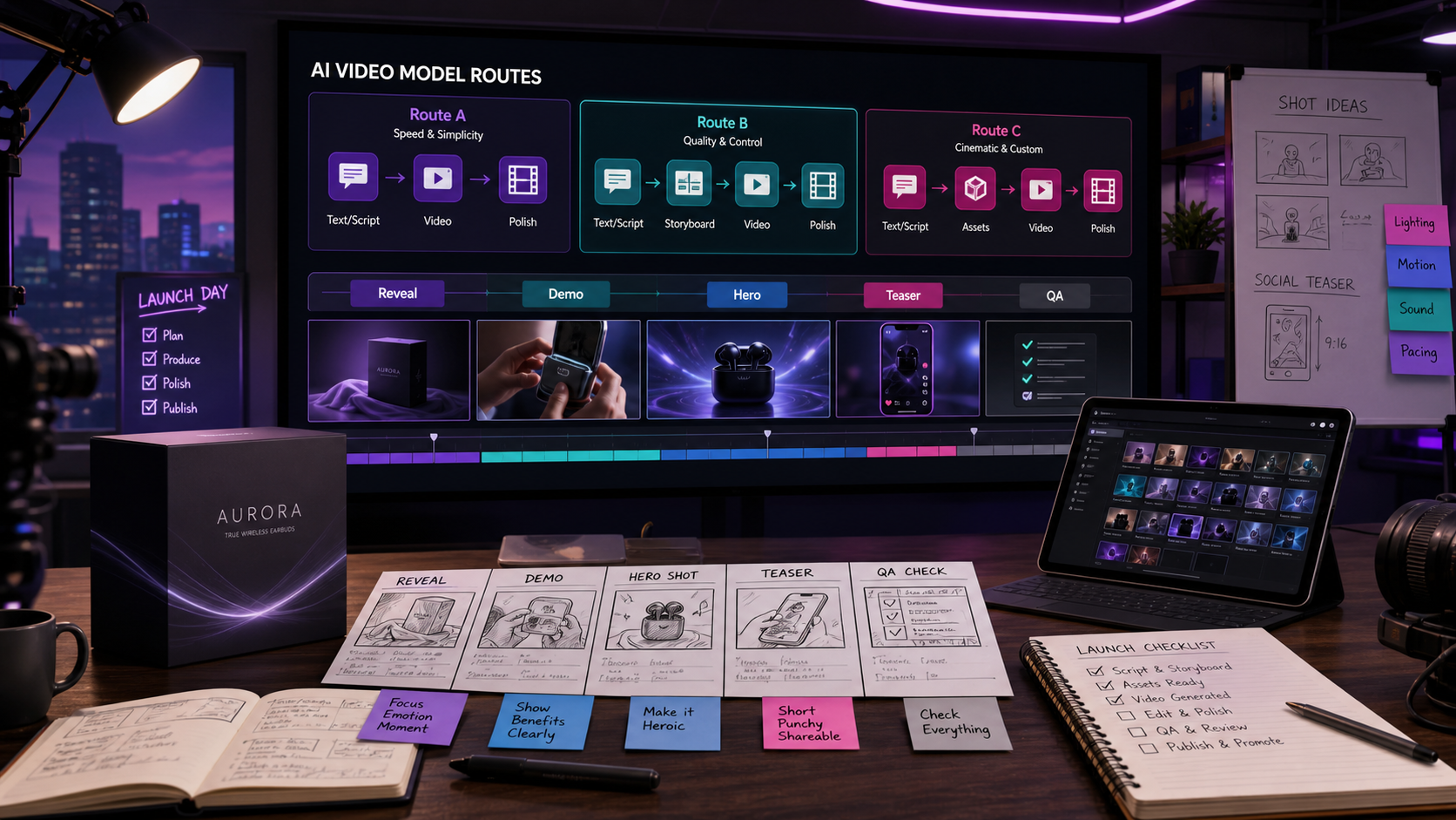AI video model route selection board for product launch content