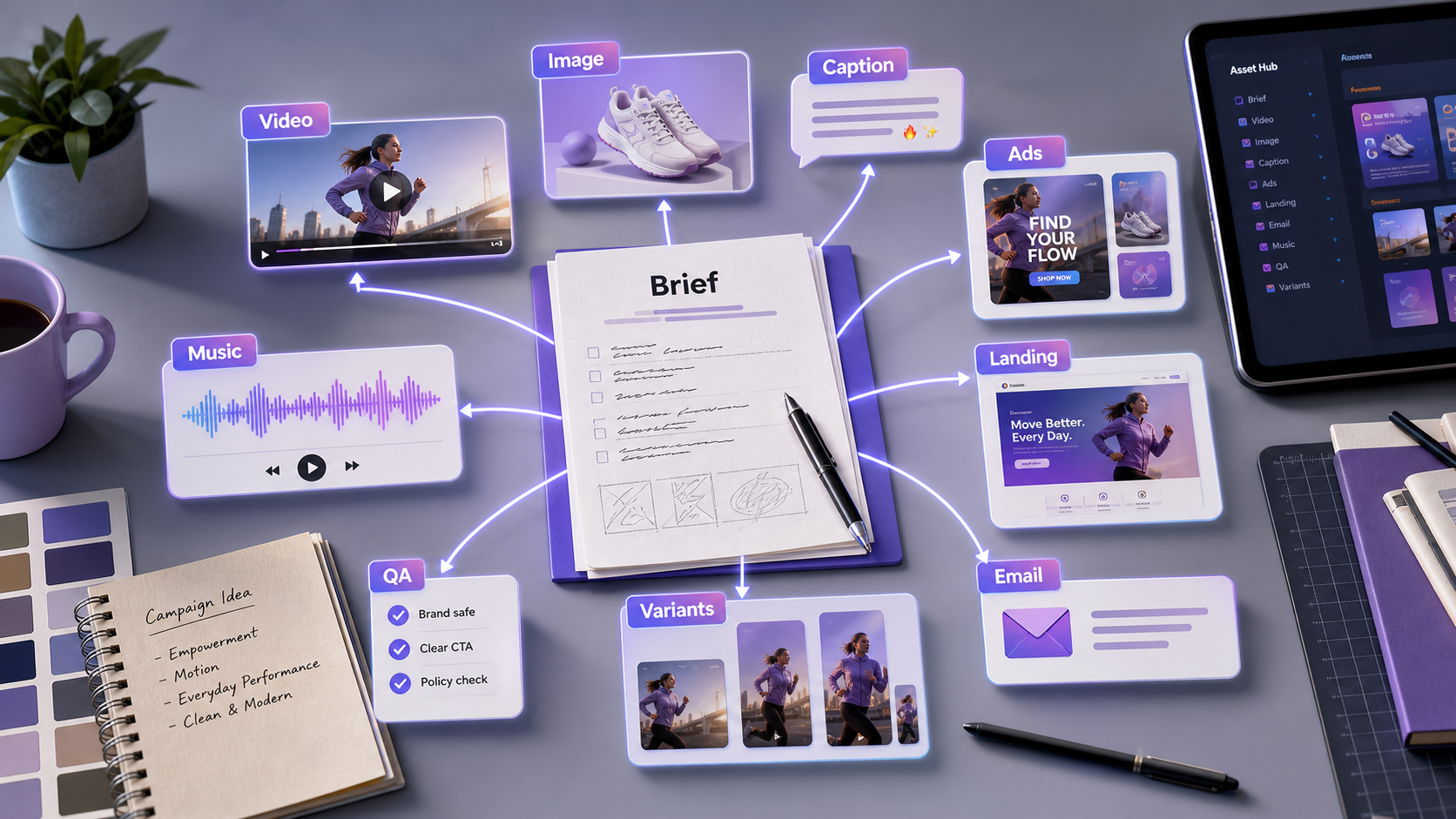 One campaign brief expanding into video image copy ad and QA assets