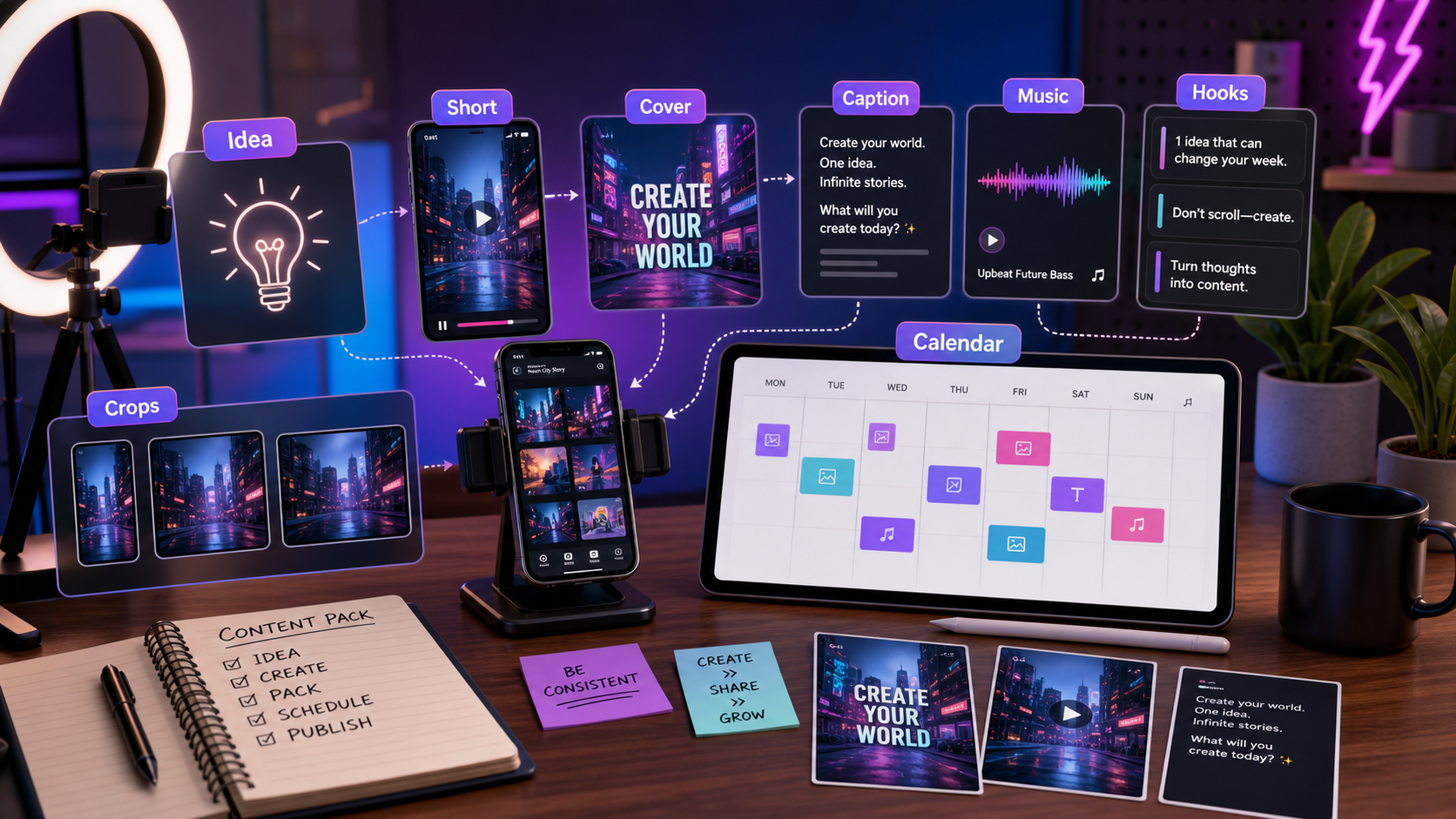 AI social content pack workflow with short video cover caption music hooks and calendar
